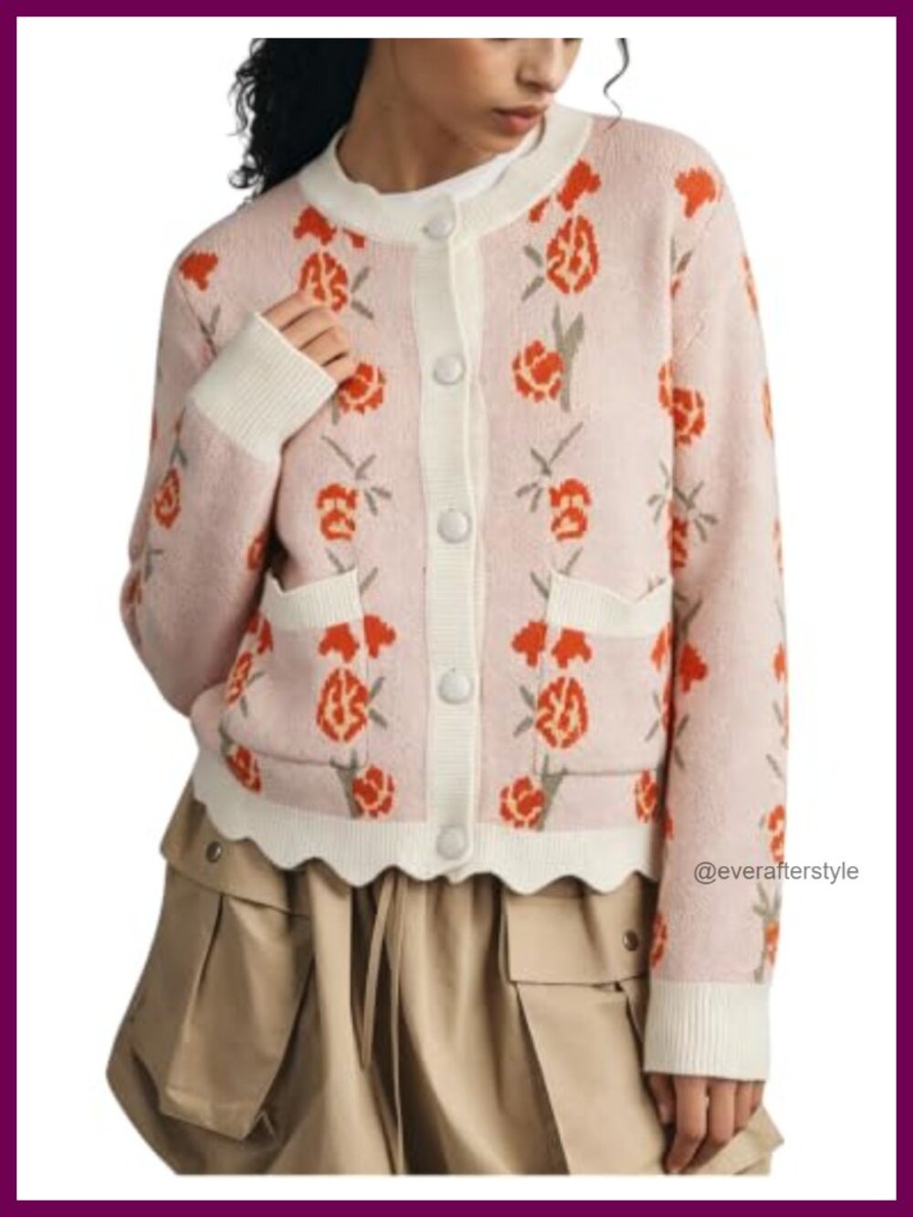 Floral Knit Cardigan Open Front Long Sleeve Button Sweater Scalloped